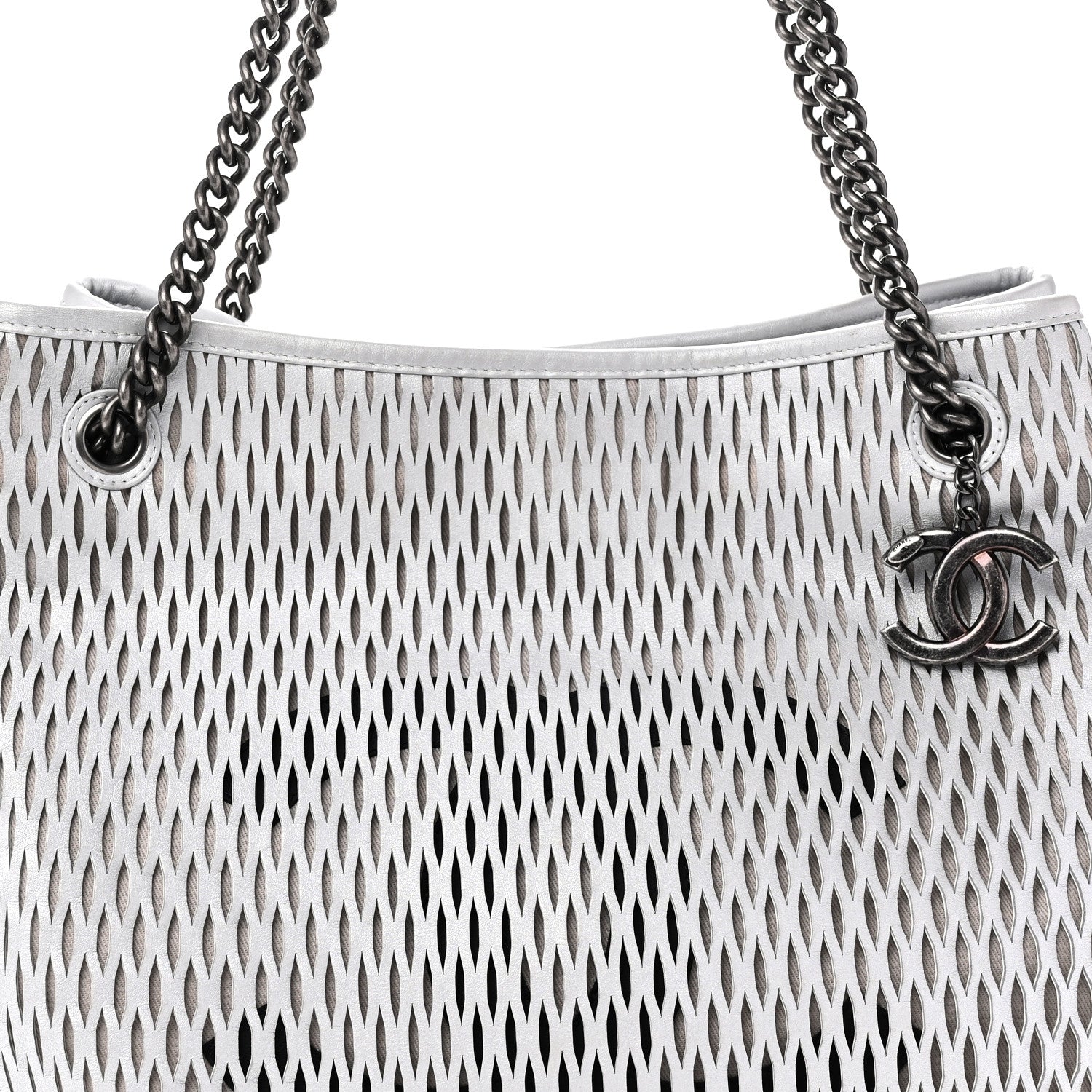 Calfskin Laser Cut Perforated CC Tote Silver
