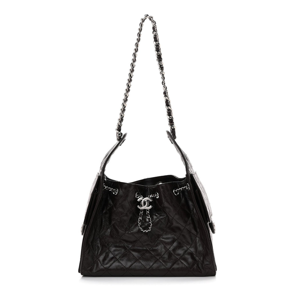 Shiny Crumpled Calfskin Quilted Small Chanel 25 Handbag Dark Brown