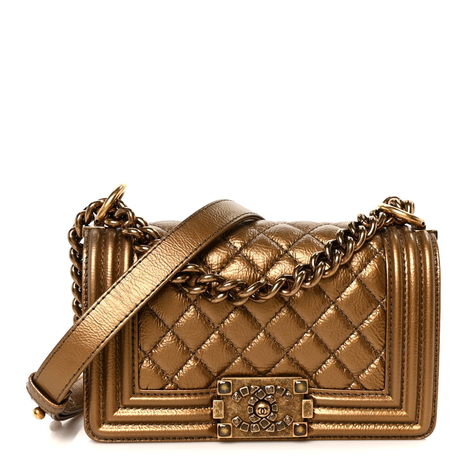 Metallic Crumpled Calfskin Quilted Gripoix Small Boy Flap Bronze