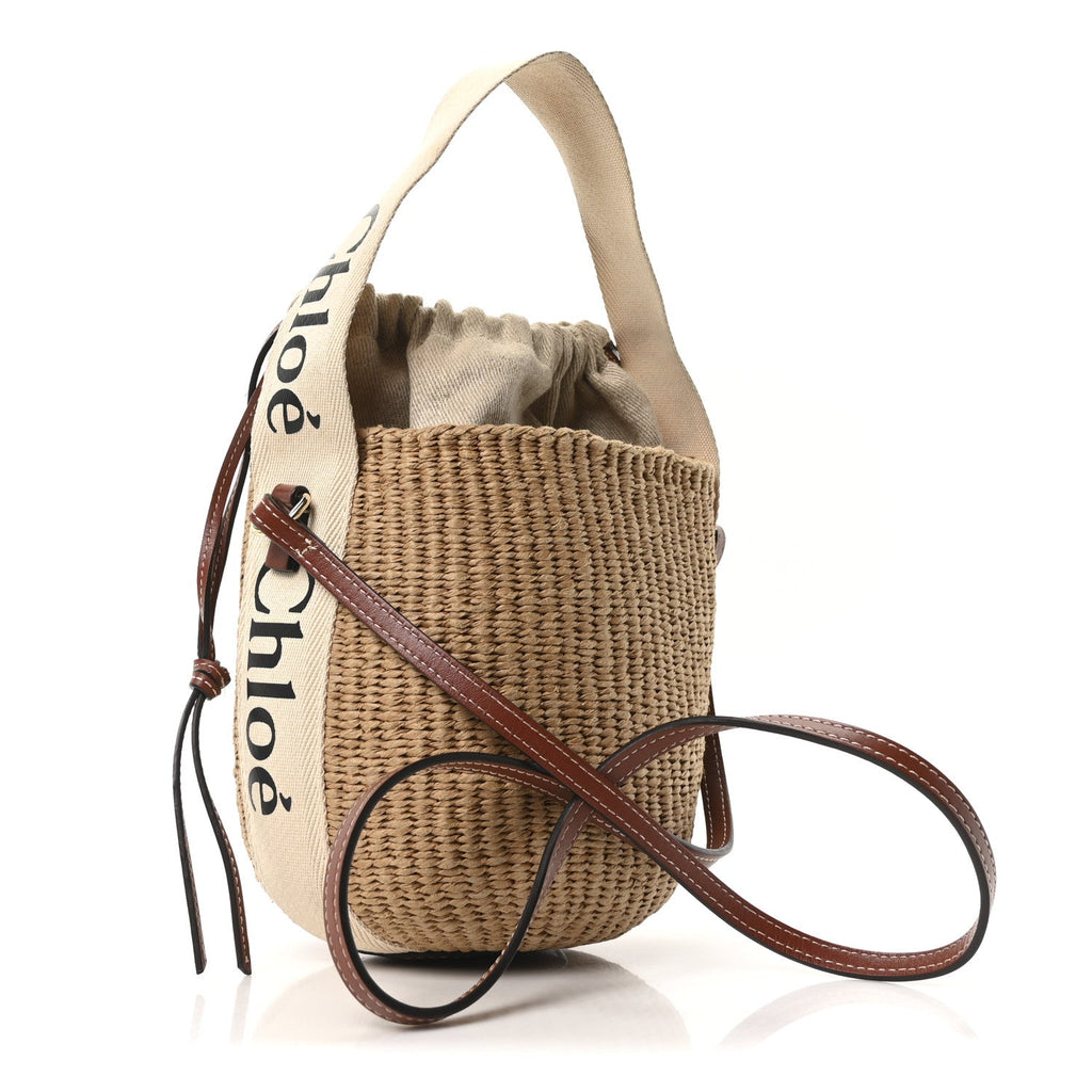 Raffia Calfskin Small Woody Basket Bag Brown