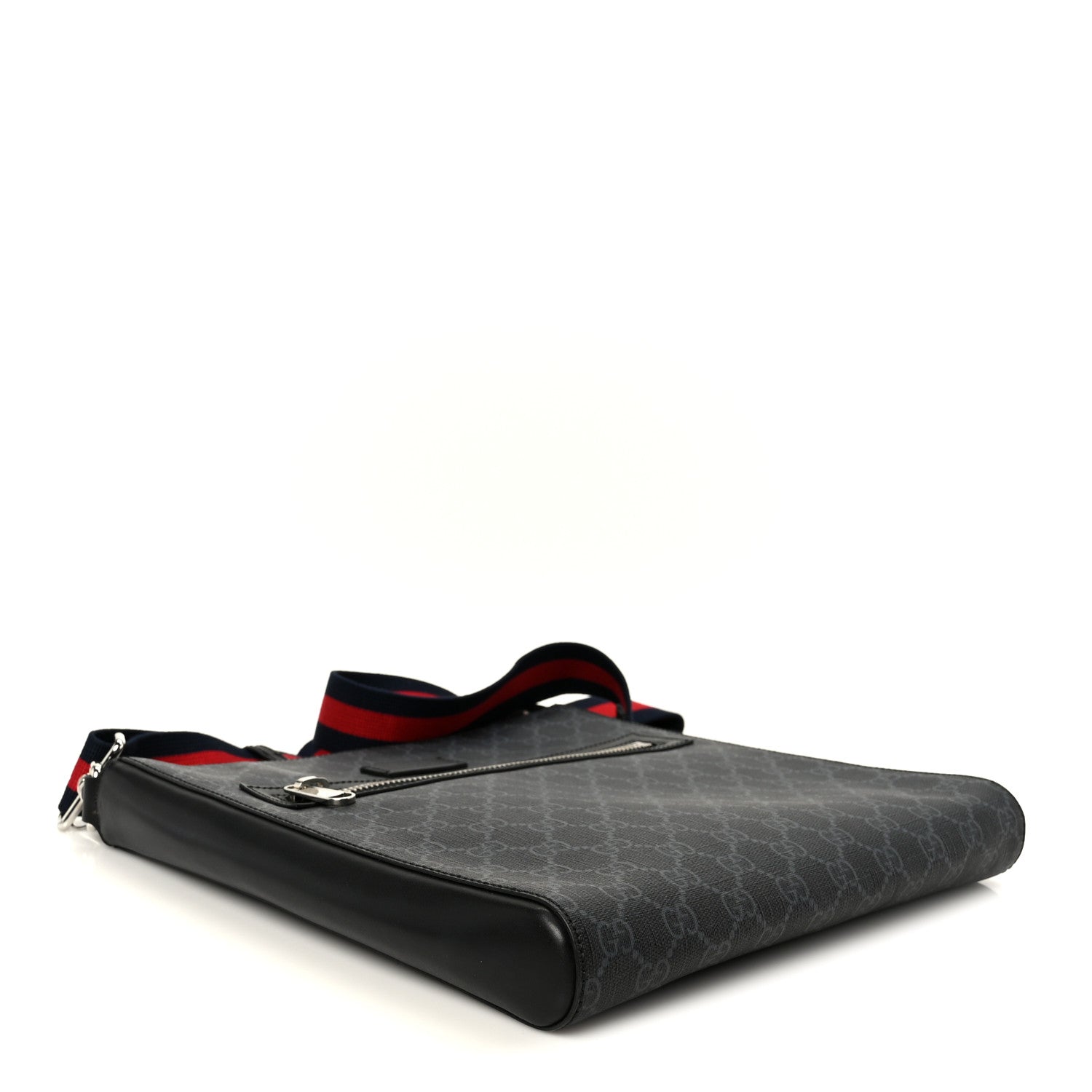 GG Supreme Monogram Appia Calfskin Web Flat Messenger Bag Black Grey Black Grey