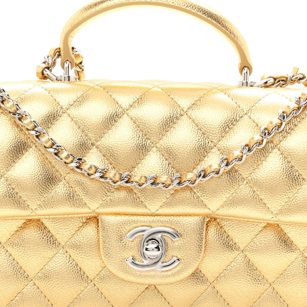 Metallic Caviar Quilted Top Handle East West Flap Gold