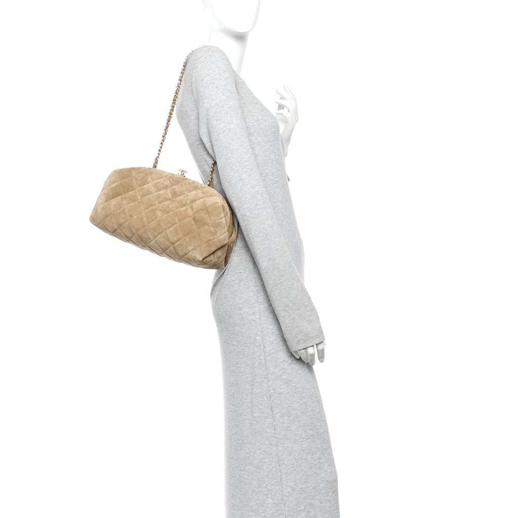 Suede Clutch With Chain Dark Beige
