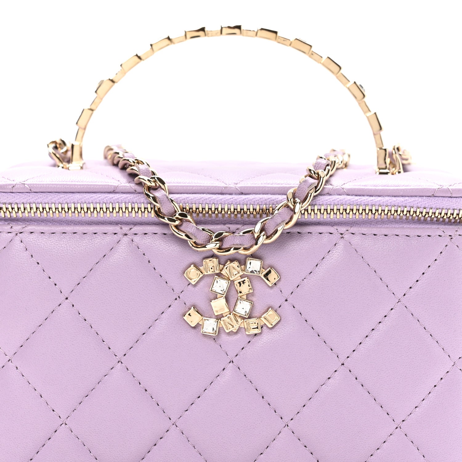 Lambskin Quilted Baguette Crystal Top Handle Vanity Case With Chain Purple