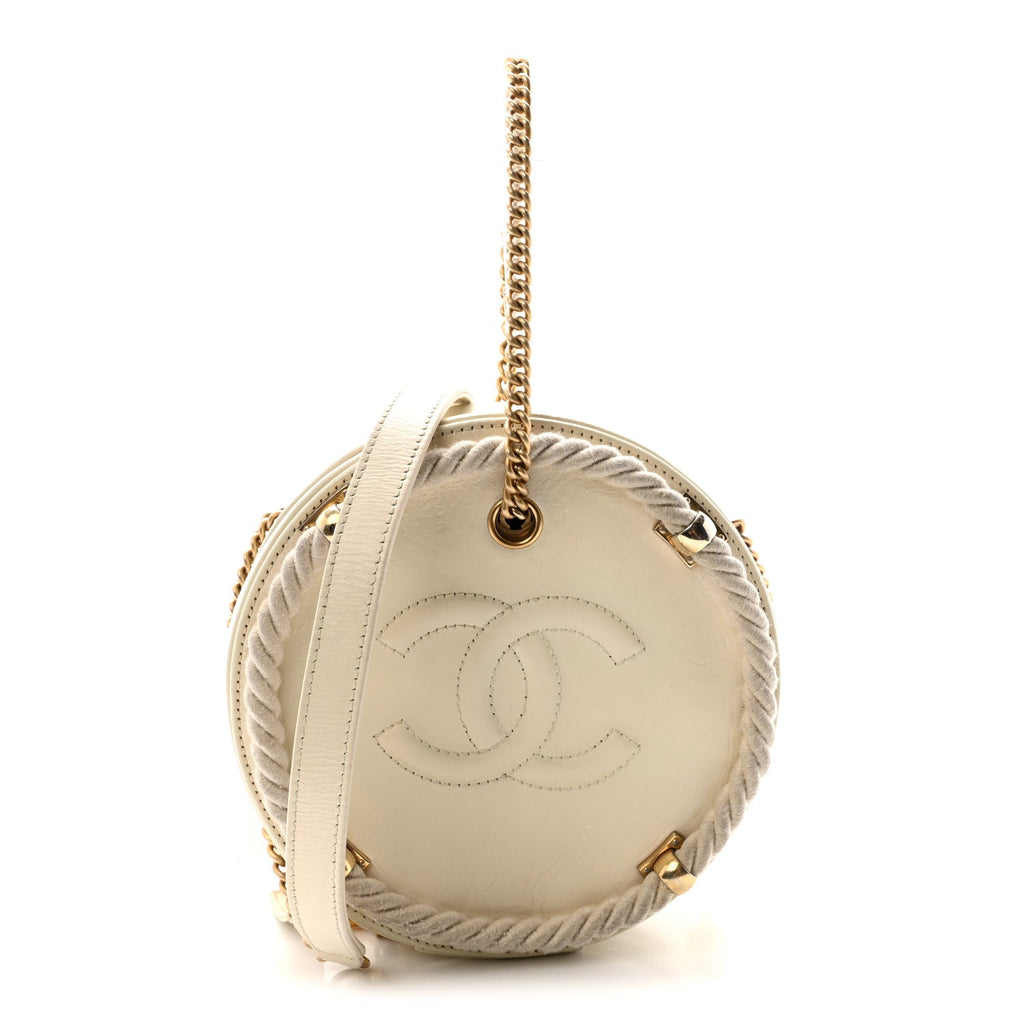 Crumpled Calfskin Cotton Small En Vogue Round Bag White