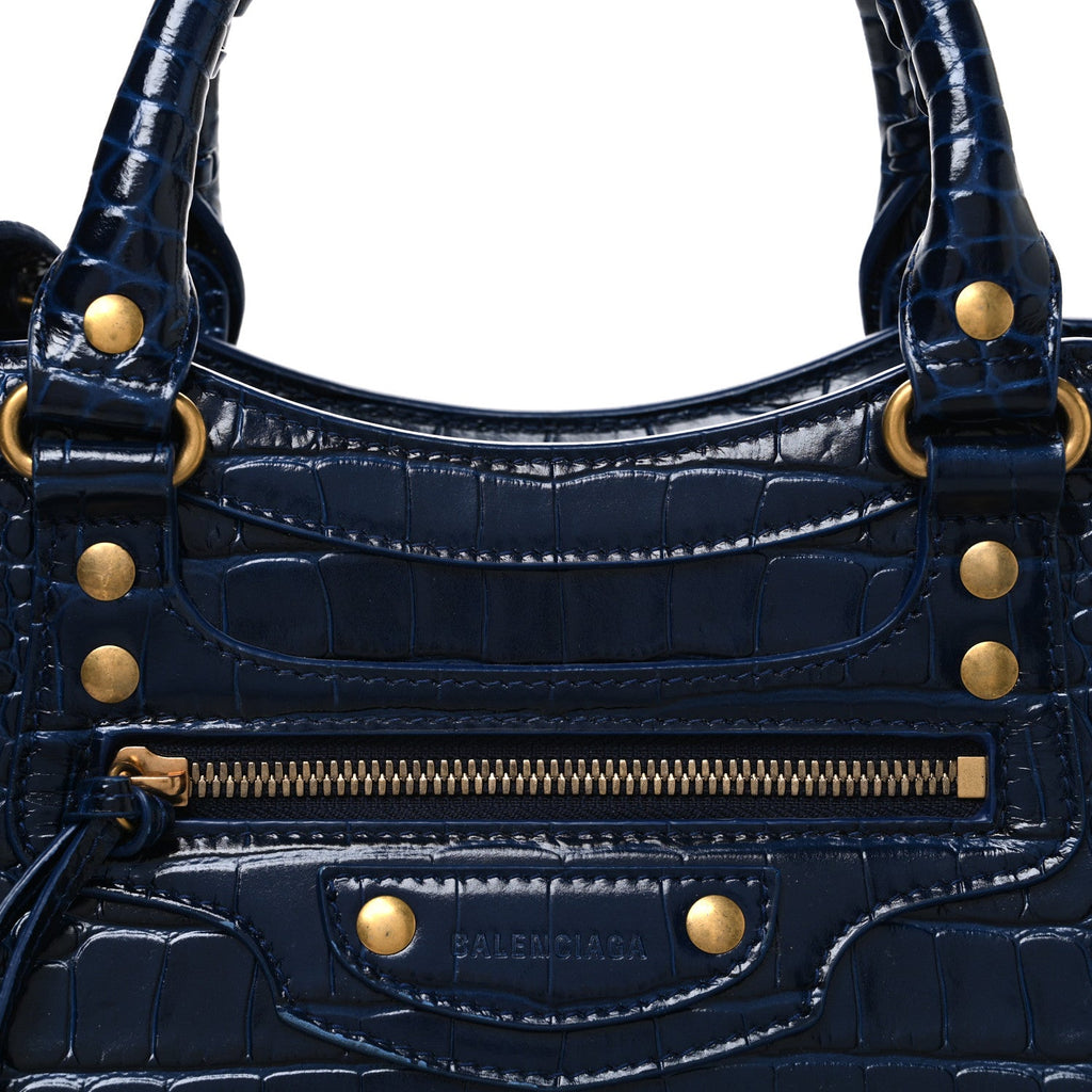 Shiny Supple Calfskin Crocodile Embossed Neo Classic Gold Hardware S City Navy