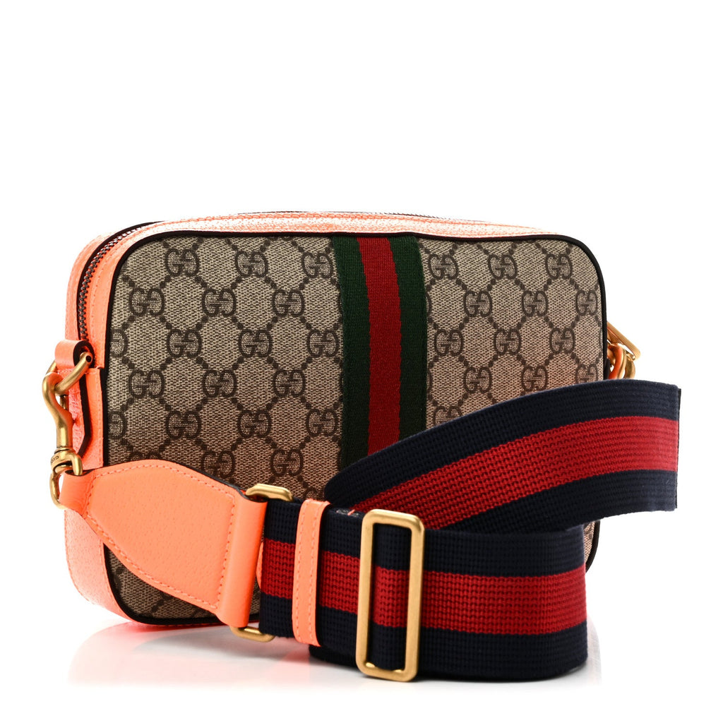 GG Supreme Monogram Textured Dollar Calfskin Web Ophidia Wristlet Shoulder Bag Beige Ebony Orange