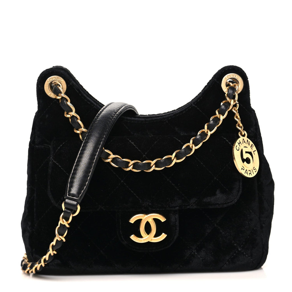 Velvet Quilted Small Wavy CC Hobo Black