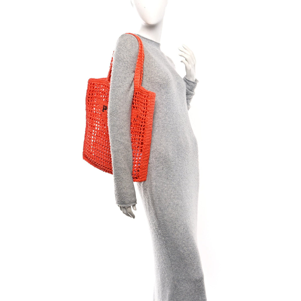 Yarn Raffia Effect Crochet Logo Embroidered Tote Bag Arancio