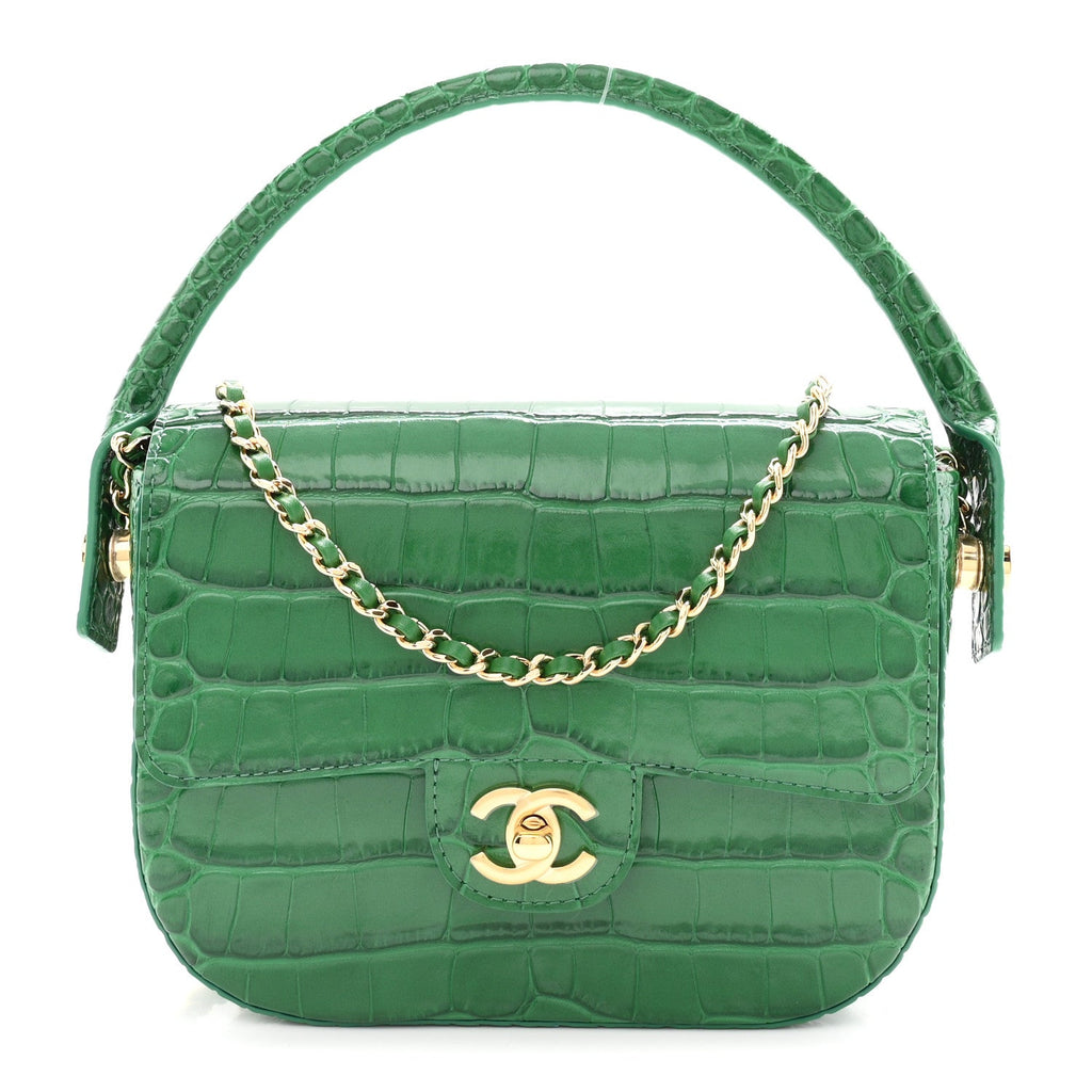 Calfskin Crocodile Embossed Turn Around Mini Flap Green