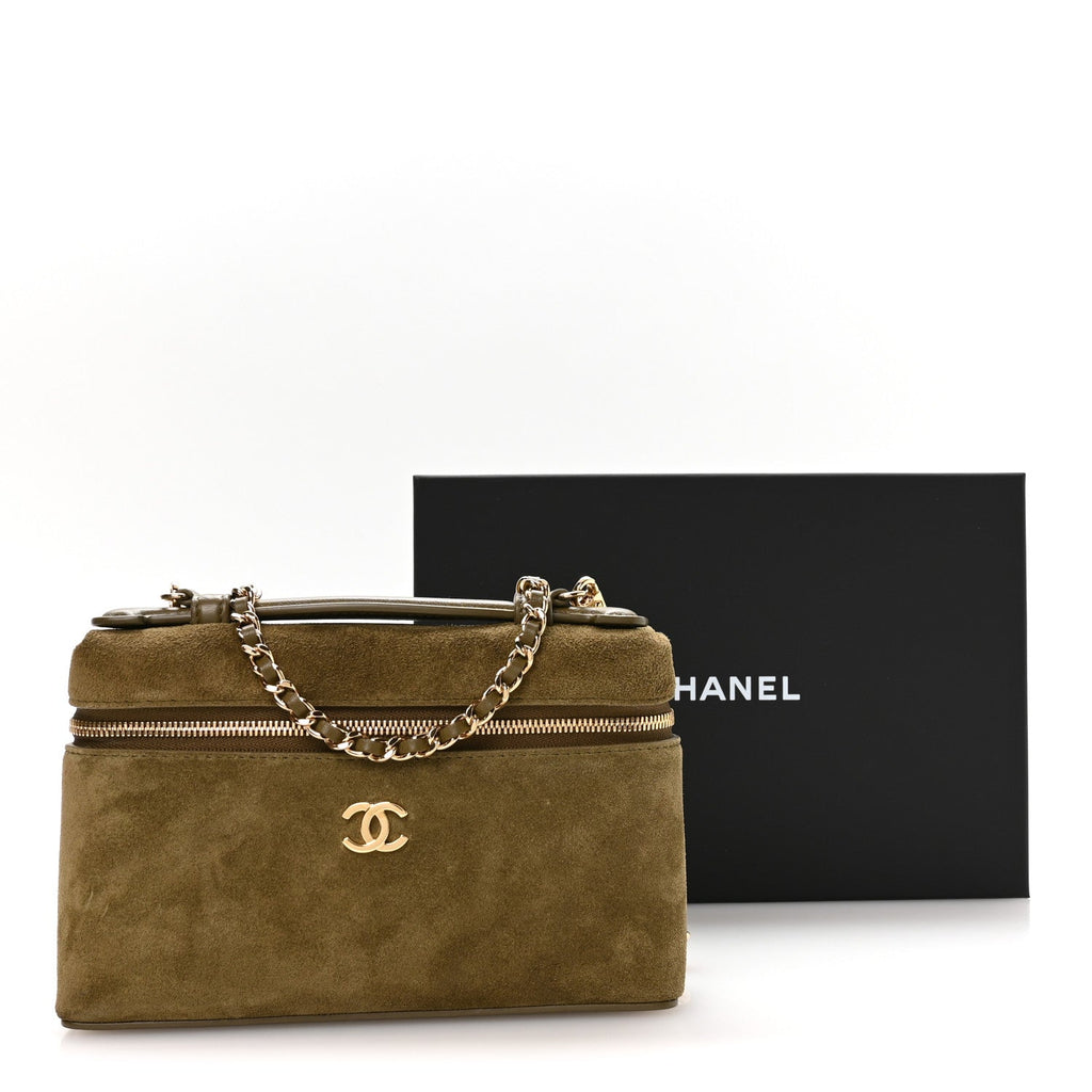 Suede Calfskin Top Handle Slim Vanity Case With Chain Dark Khaki
