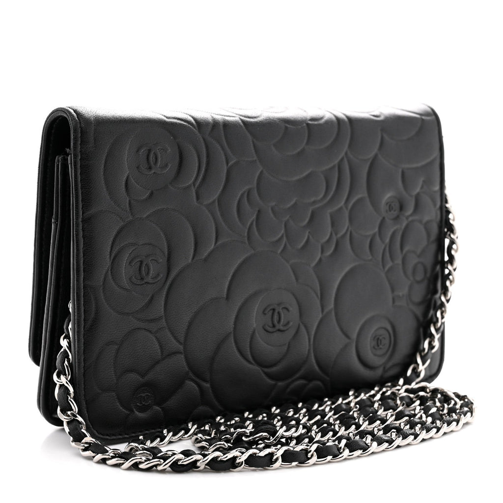 Lambskin Camellia Embossed Wallet On Chain WOC Black
