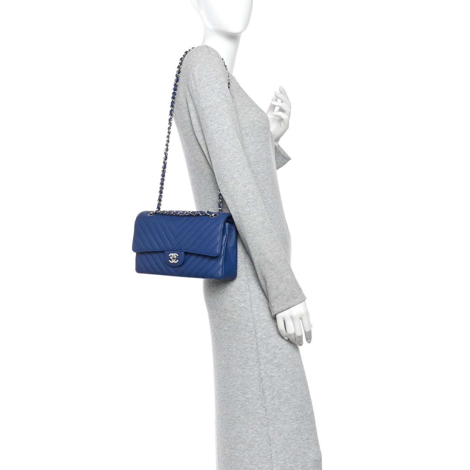 Caviar Chevron Quilted Medium Double Flap Blue