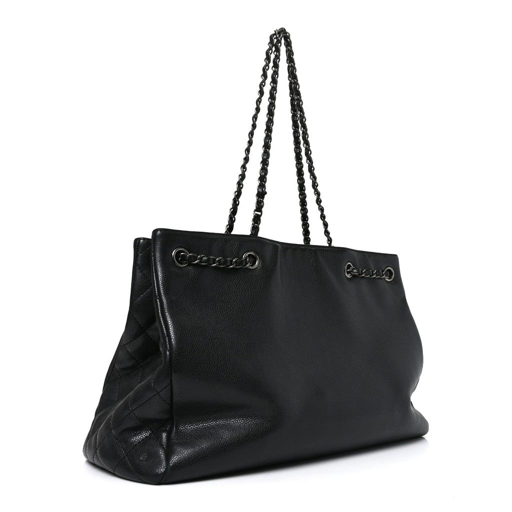 Metallic Grained Calfskin Woven Chain Large Shopping Bag Black