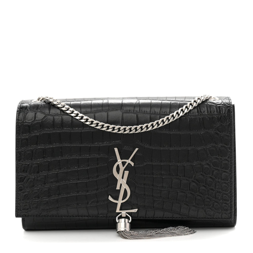 Calfskin Crocodile Embossed Medium Classic Monogram Kate Tassel Satchel Black