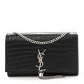 Calfskin Crocodile Embossed Medium Classic Monogram Kate Tassel Satchel Black