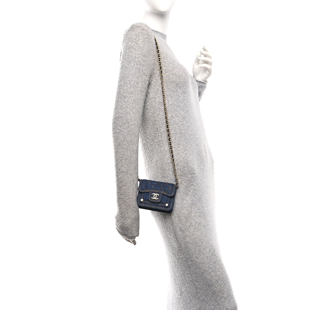 Denim Quilted Double You Card Holder On Chain Blue