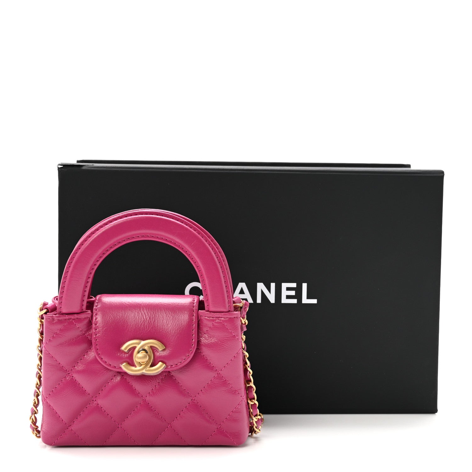 Shiny Aged Calfskin Quilted Mini Nano Kelly Shopper Dark Pink