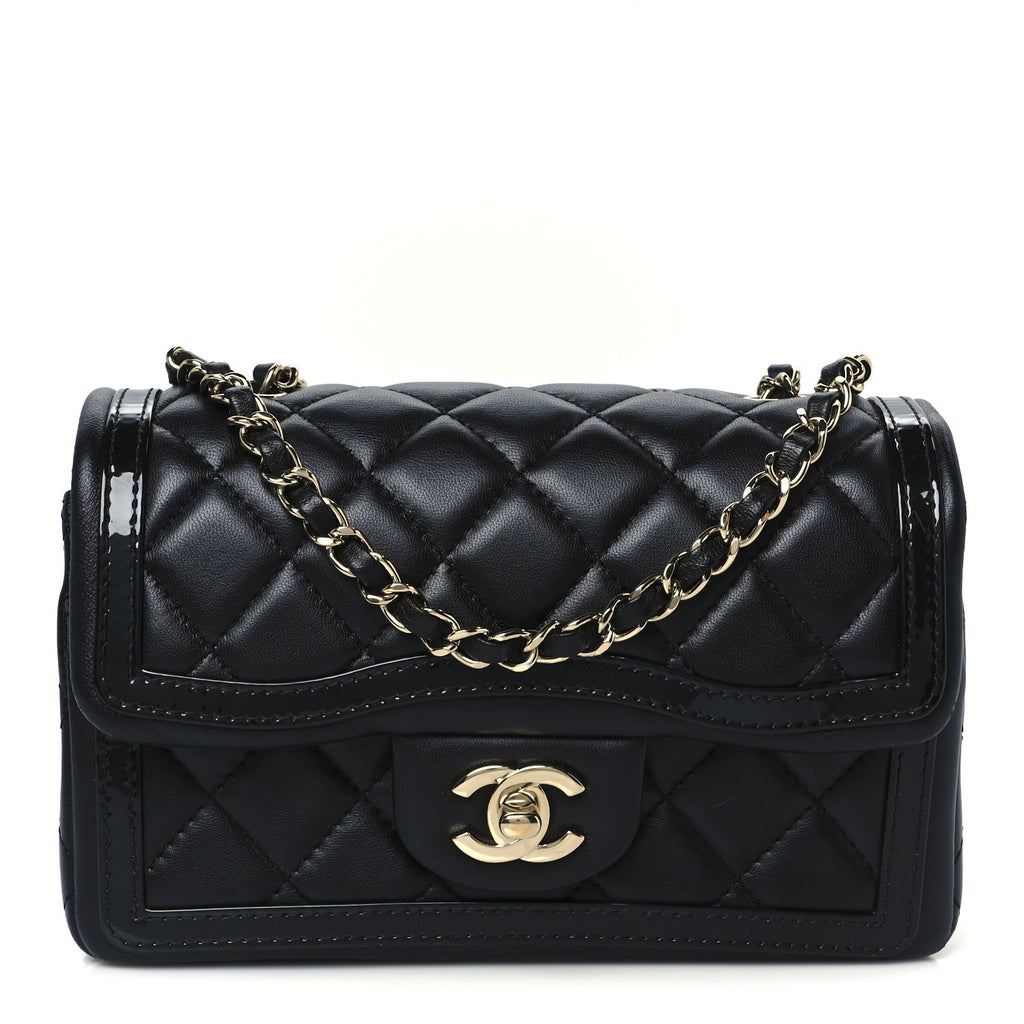 Shiny Lambskin Quilted Half Mini Flap Black