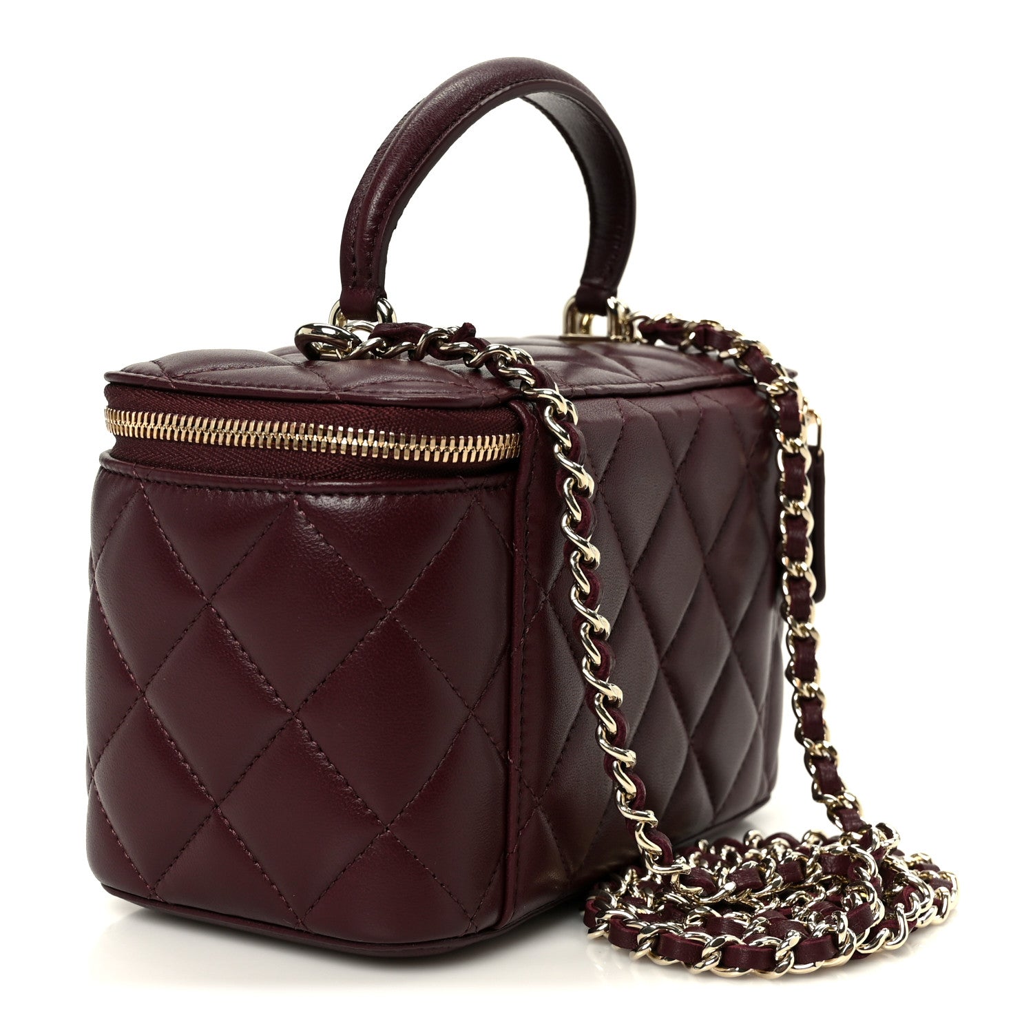 Lambskin Quilted Small Top Handle Vanity Case With Chain Burgundy Burgundy