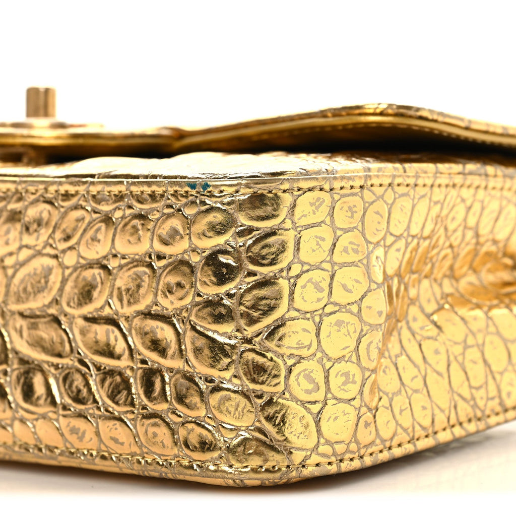 Metallic Calfskin Crocodile Embossed Cocodile Rectangular Mini Flap Gold