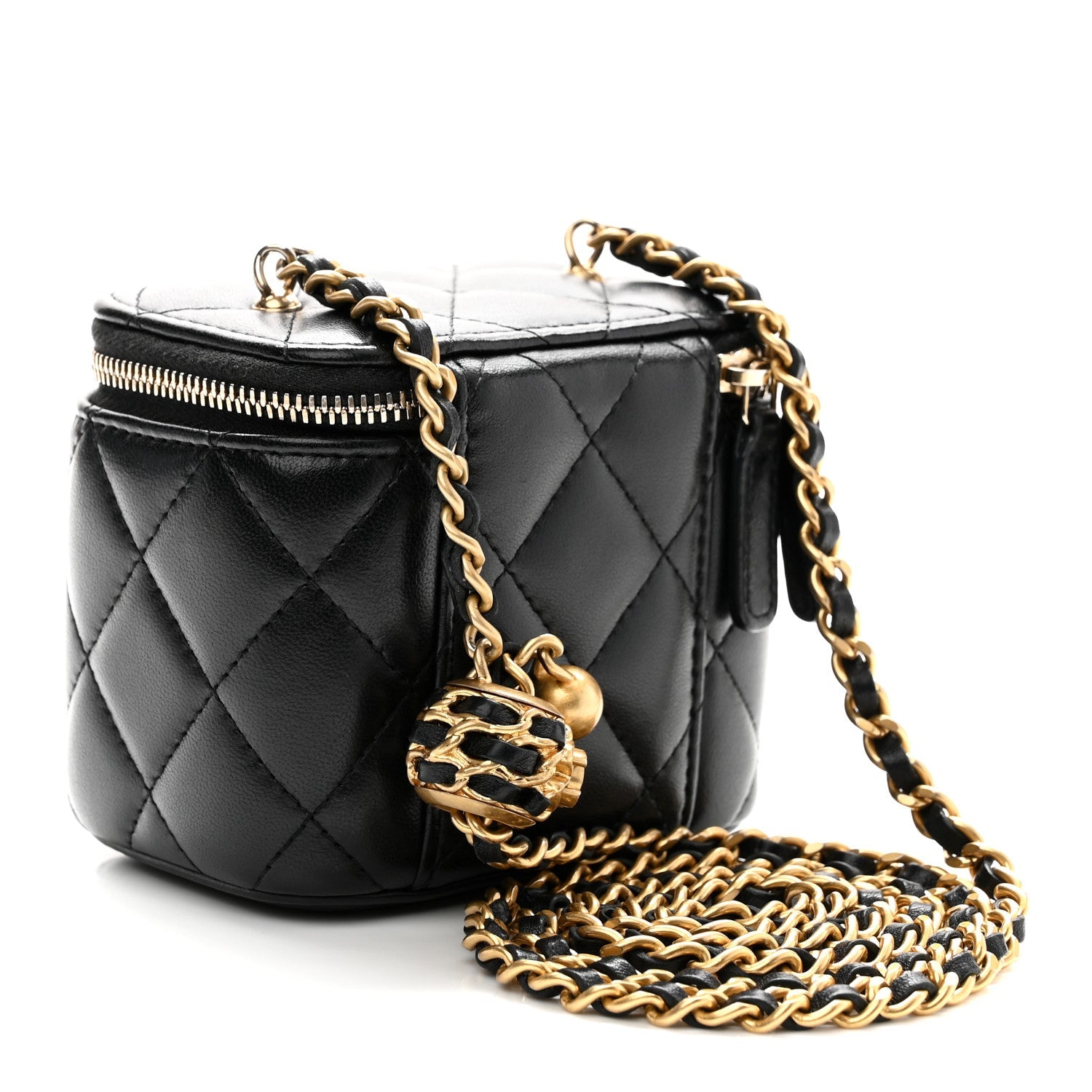Lambskin Quilted Mini Pearl Crush Vanity Case With Chain Black