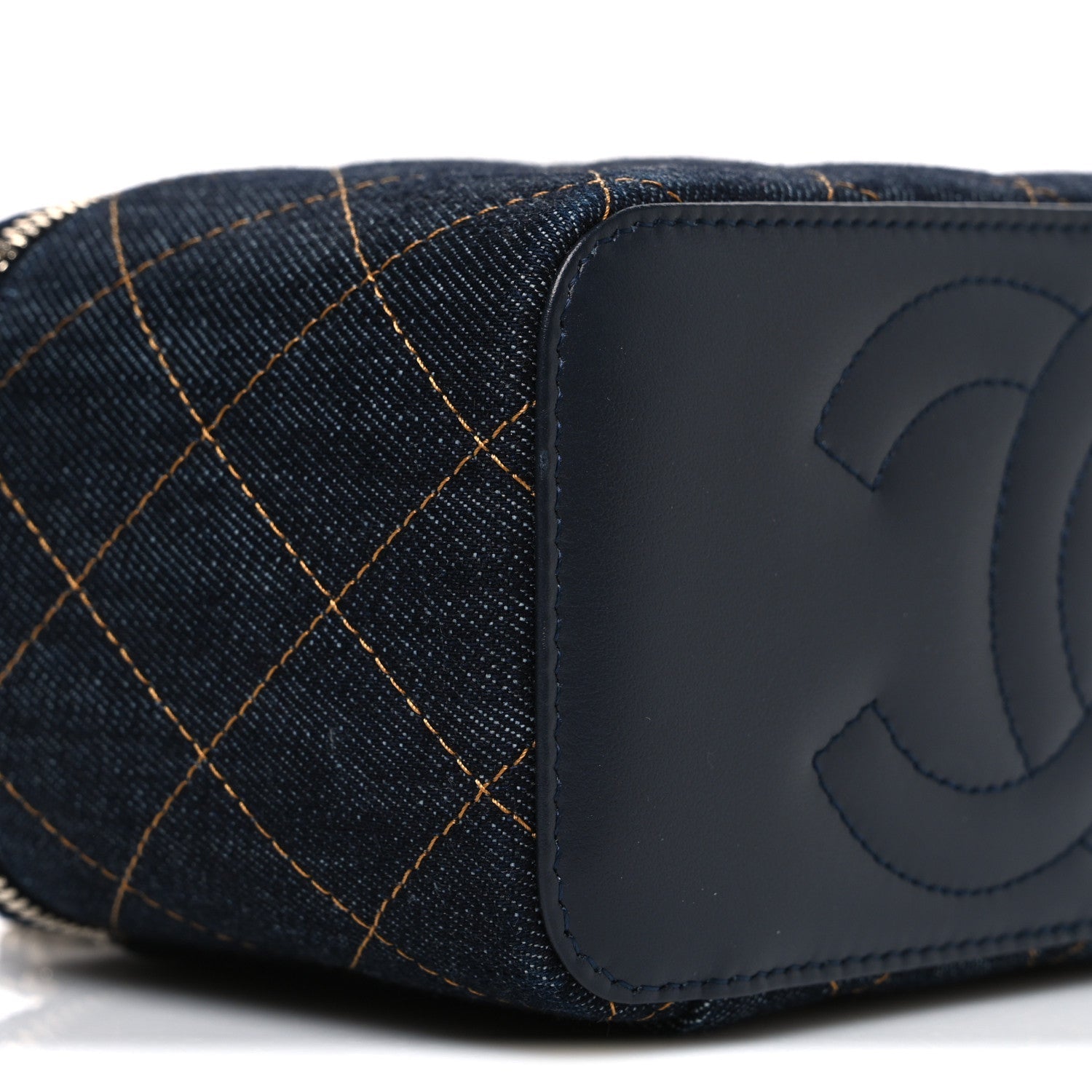 Denim Quilted Small Vanity Case With Chain Dark Blue Orange