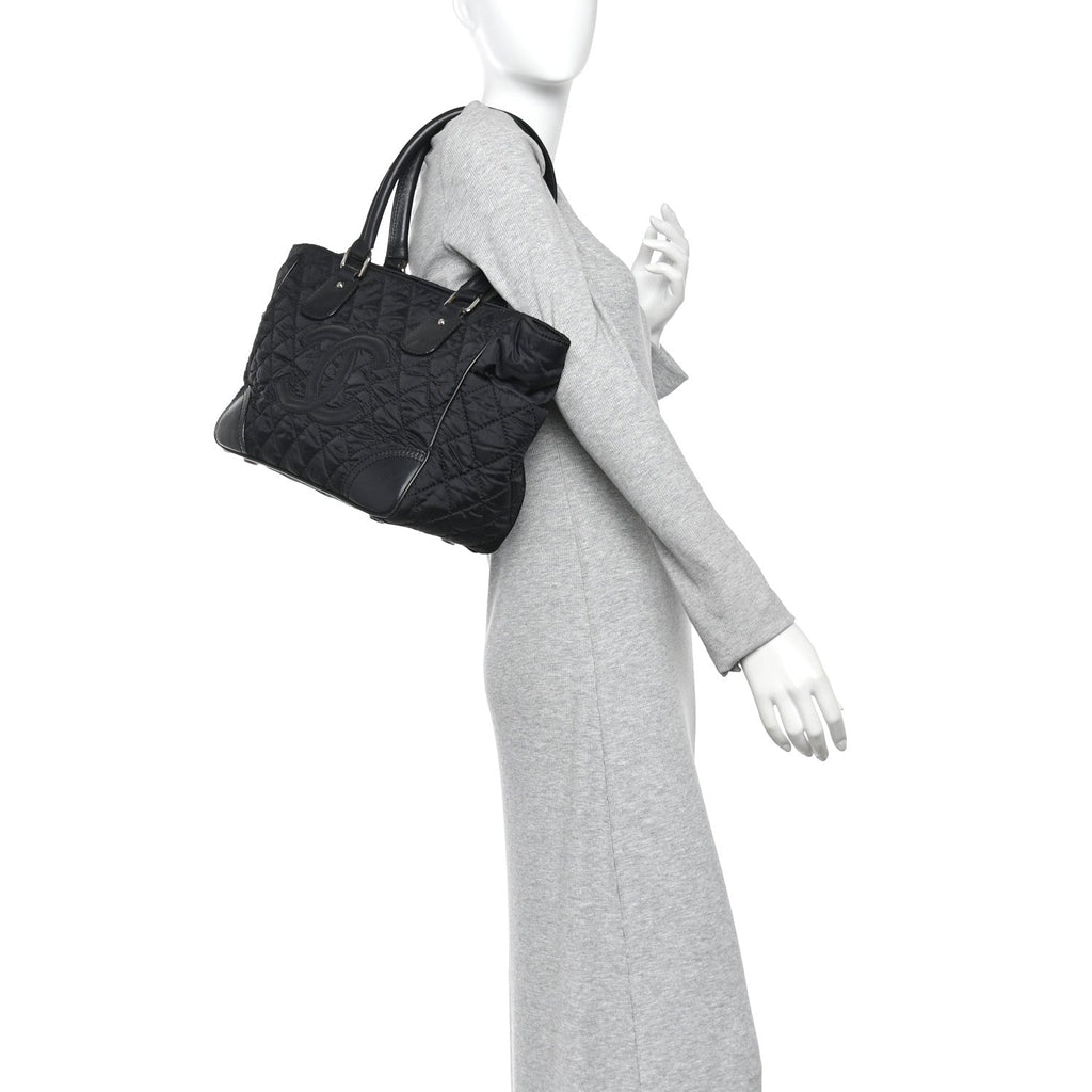 Nylon Calfskin Quilted CC Paris New York Tote Bag Black