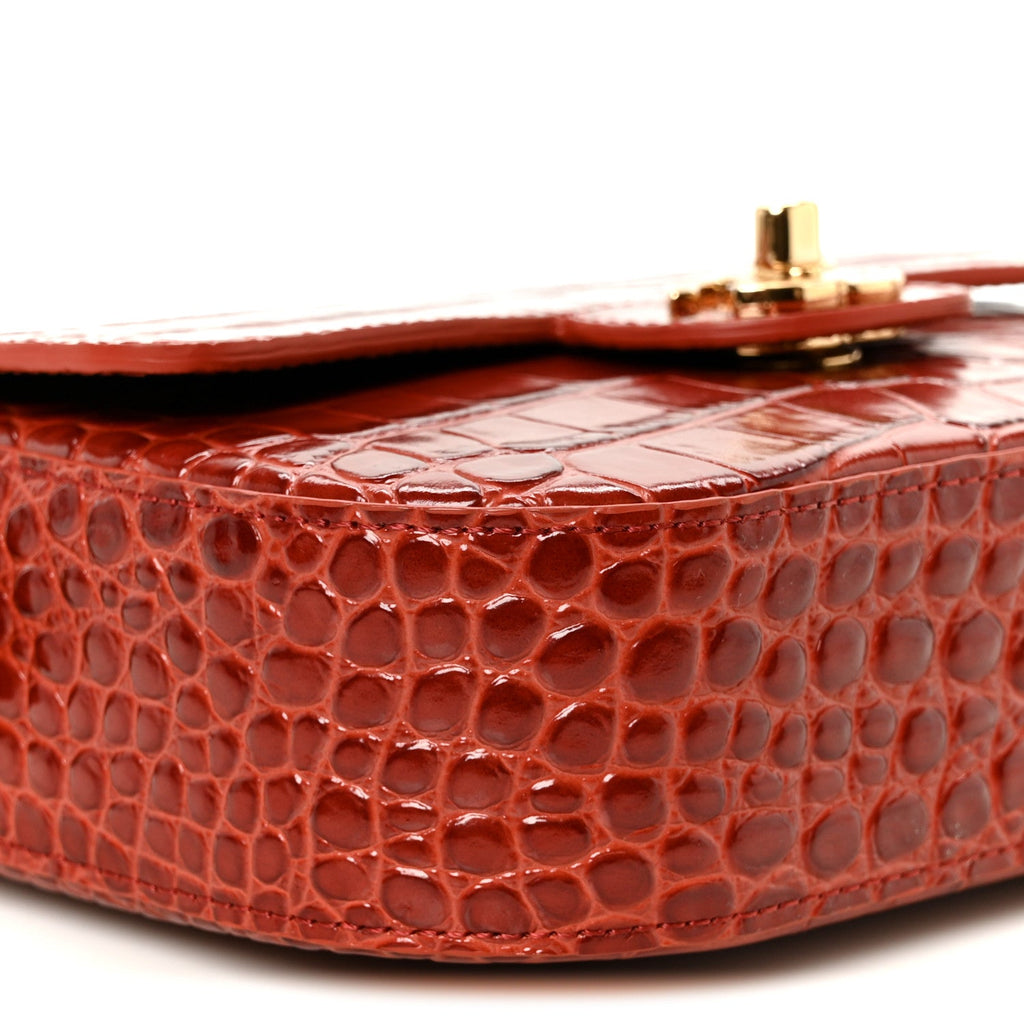 Calfskin Crocodile Embossed Turn Around Mini Flap Burgundy