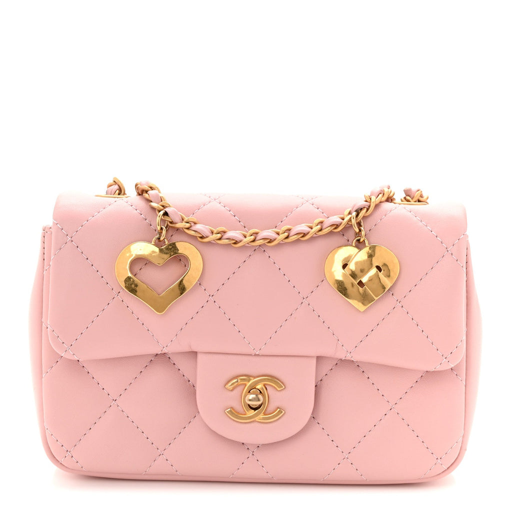 Lambskin Quilted Mini Heart Charms Flap Light Pink