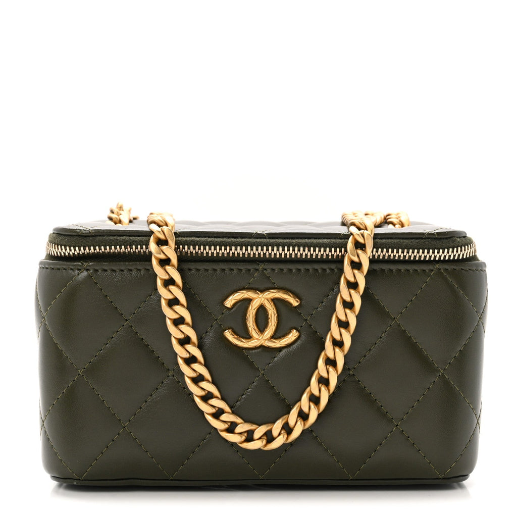 Lambskin Quilted Small Pillow Crush Vanity Case With Chain Green