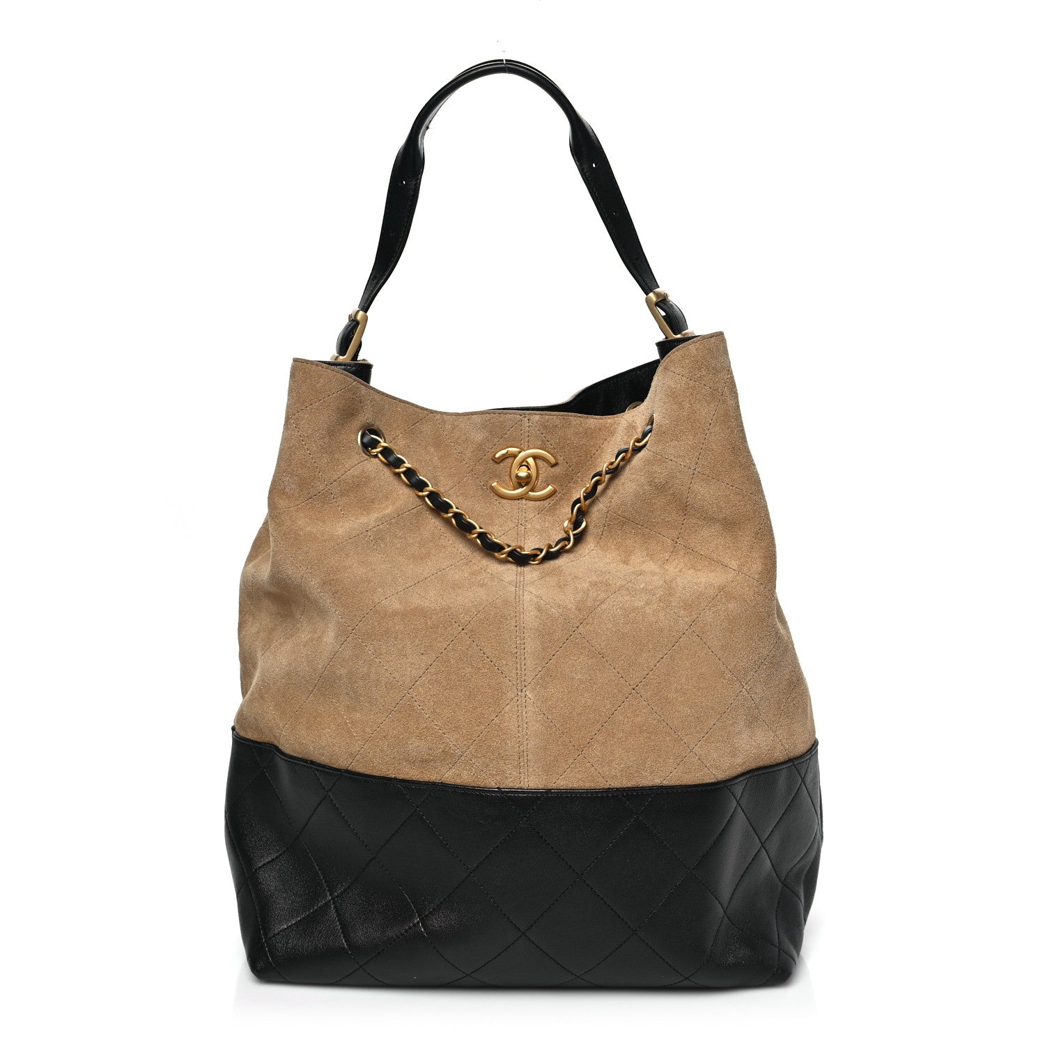 Suede Calfskin Shiny Lambskin Quilted Large Coco Base Shopping Bag Beige Black
