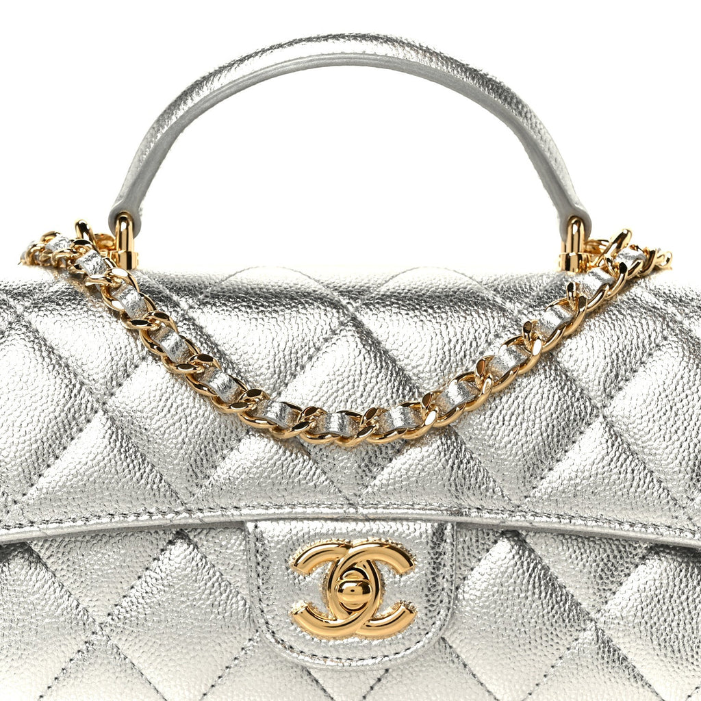 Metallic Caviar Quilted Top Handle Long Clutch With Chain Silver