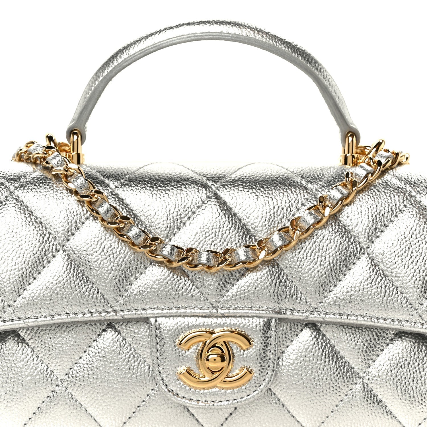 Metallic Caviar Quilted Top Handle Long Clutch With Chain Silver