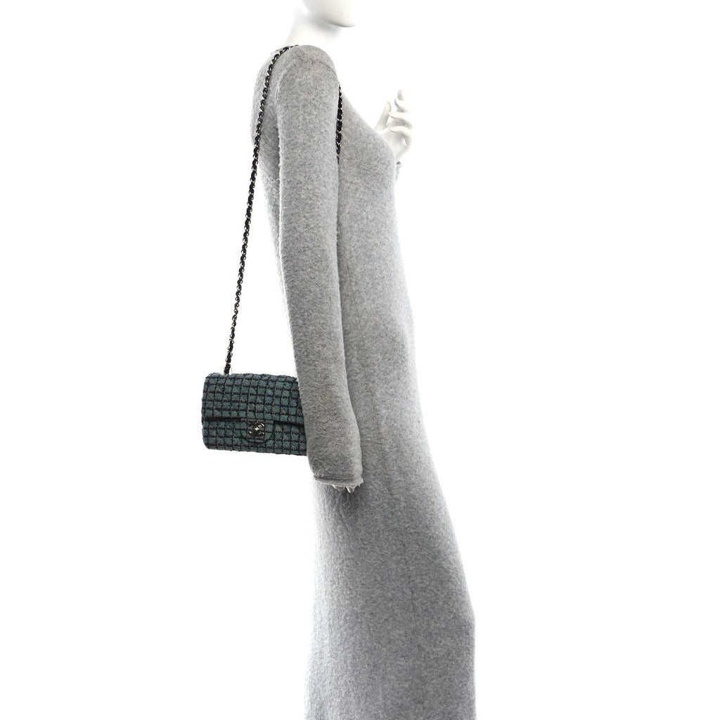 Tweed Quilted Mini Rectangular Flap Green Navy Dark Beige
