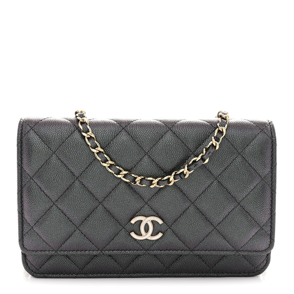 Iridescent Caviar Quilted Wallet on Chain WOC Dark Blue