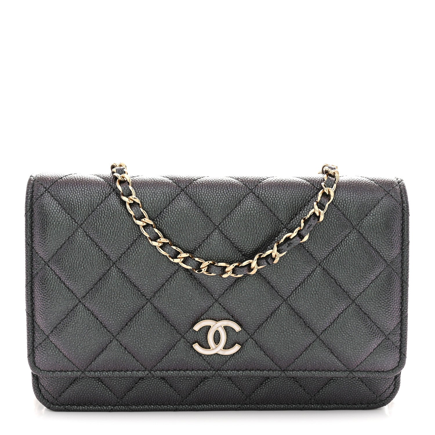 Iridescent Caviar Quilted Wallet on Chain WOC Dark Blue