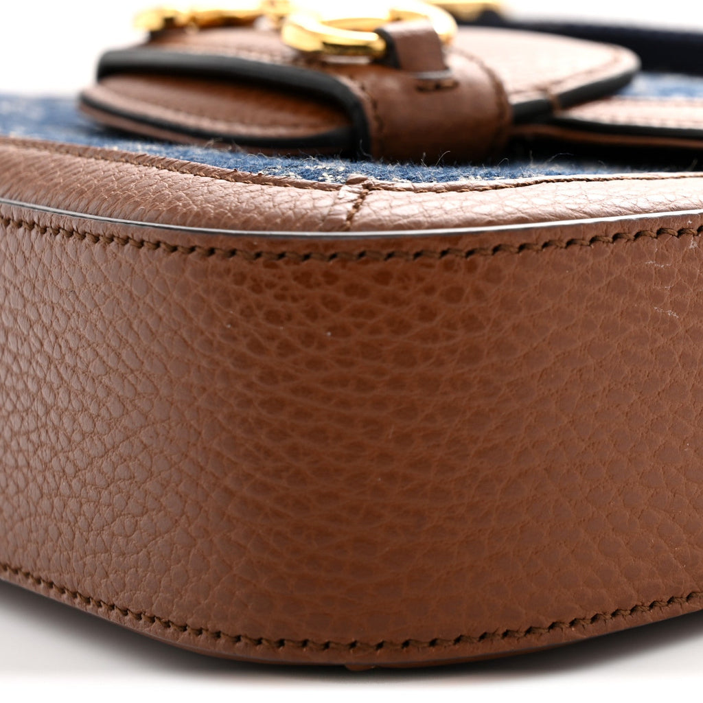 New Denim GG Monogram Dollar Calfskin Web Mini Horsebit 1955 Shoulder Bag Blue Tea Cuir Epilog