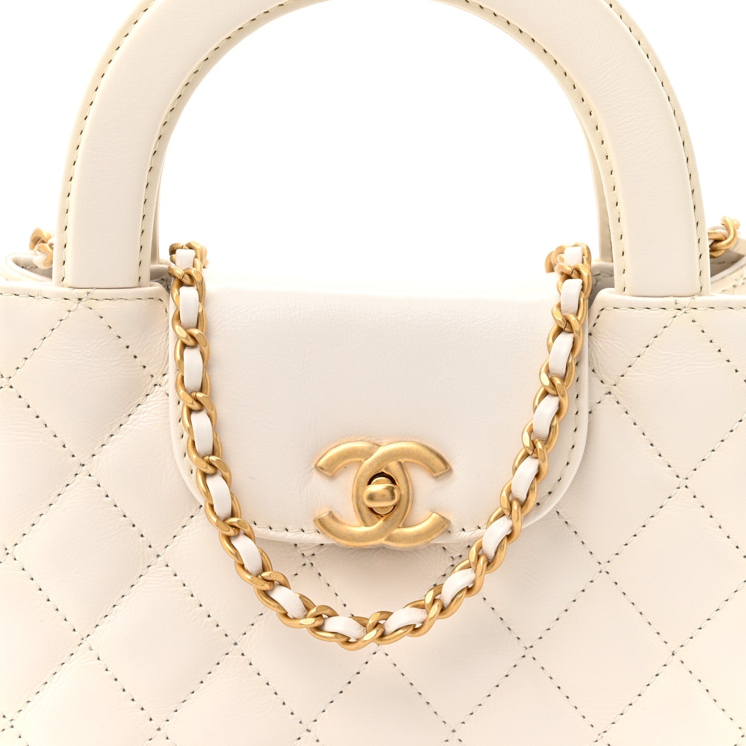 Shiny Aged Calfskin Quilted Nano Kelly Shopper White