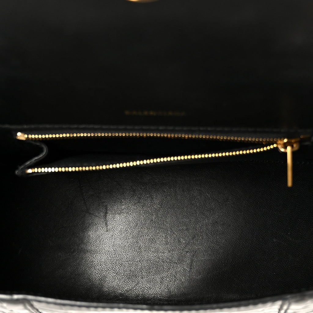 Shiny Calfskin Crocodile Embossed Small Hourglass Top Handle Bag Black