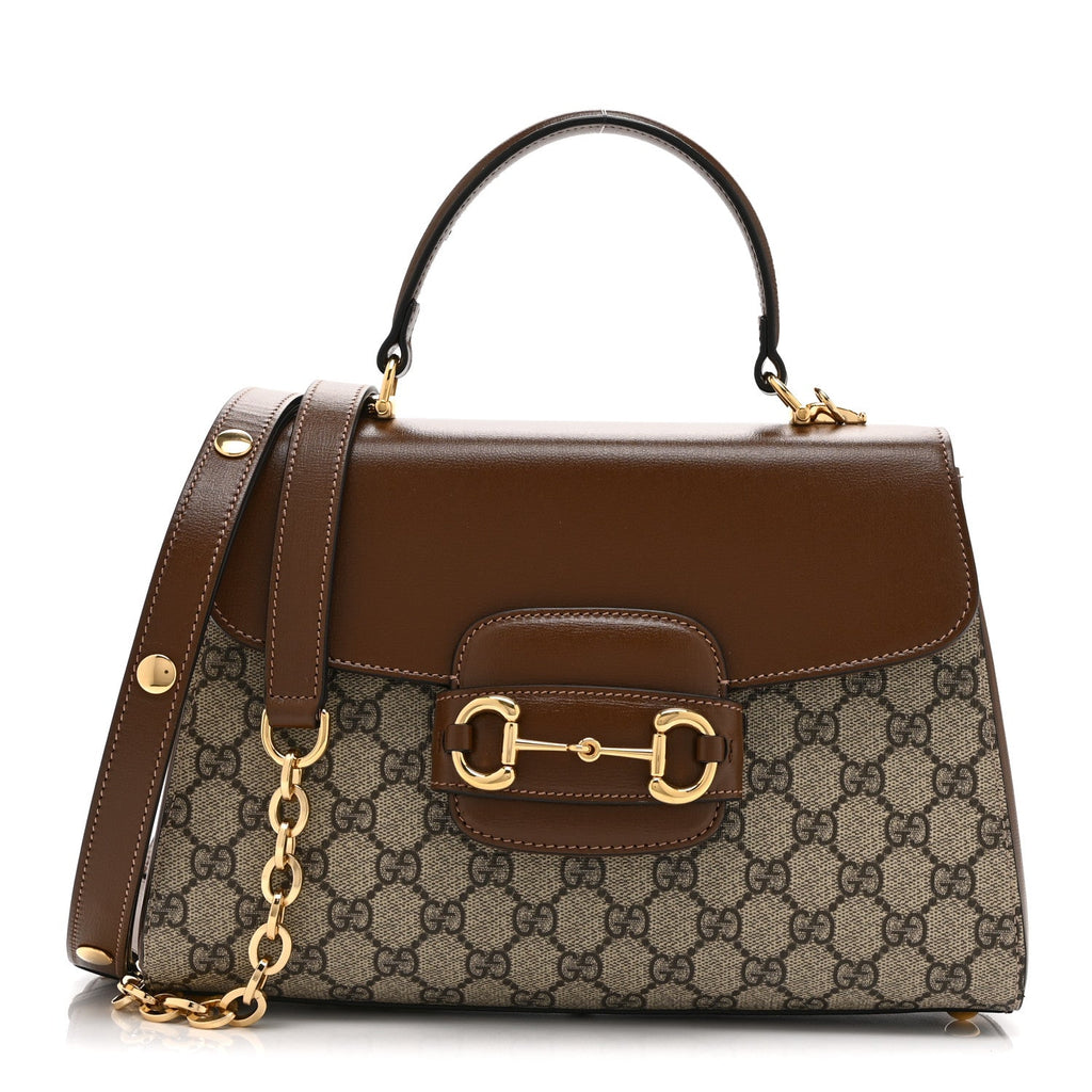 GG Supreme Monogram Calfskin Medium Horsebit 1955 Top Handle Bag Beige Ebony Brown Sugar
