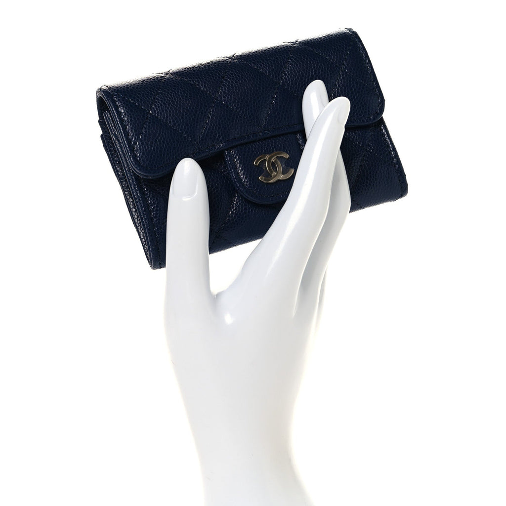 Caviar Quilted Flap Card Holder Wallet Navy Blue