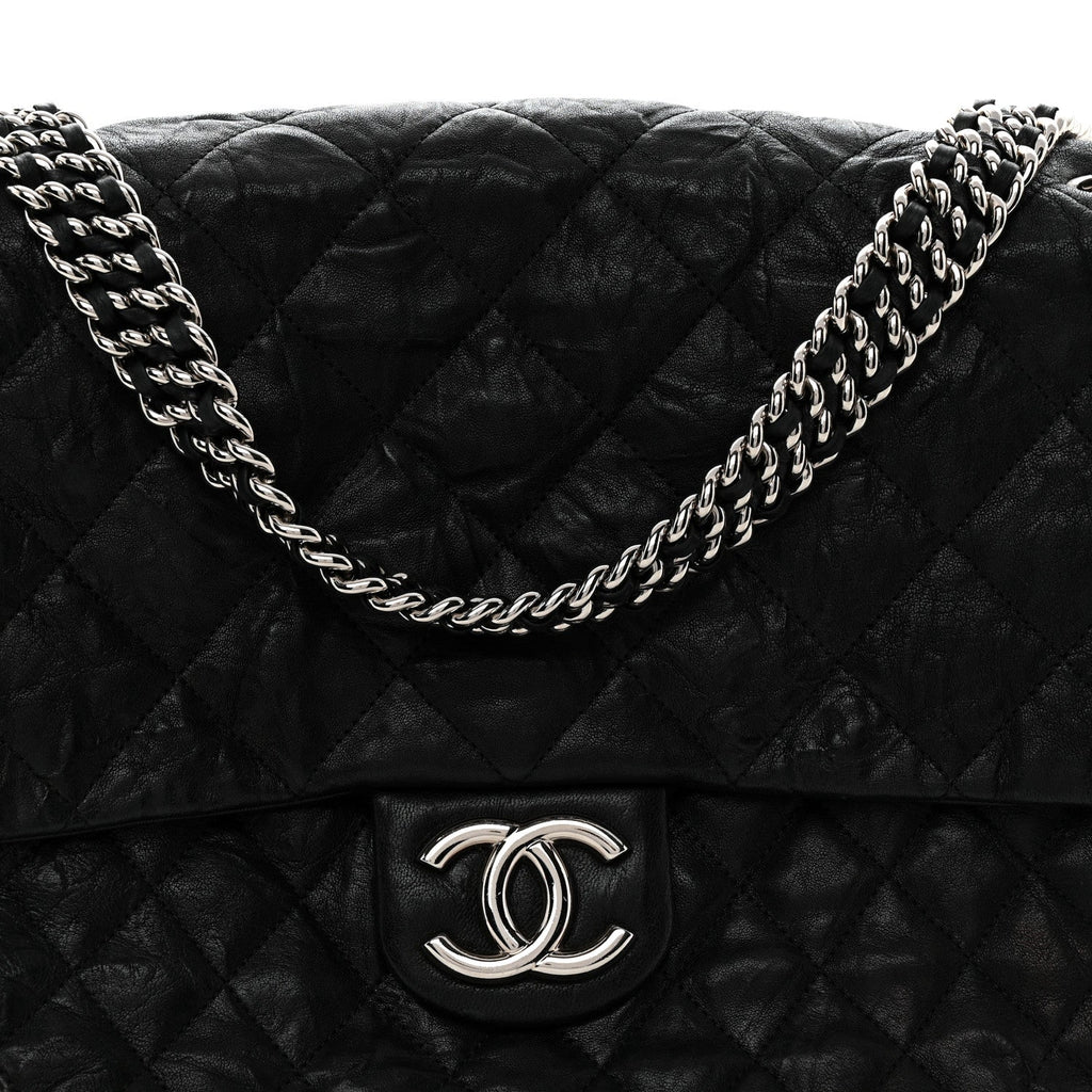 Washed Lambskin Quilted Maxi Chain Around Flap Black