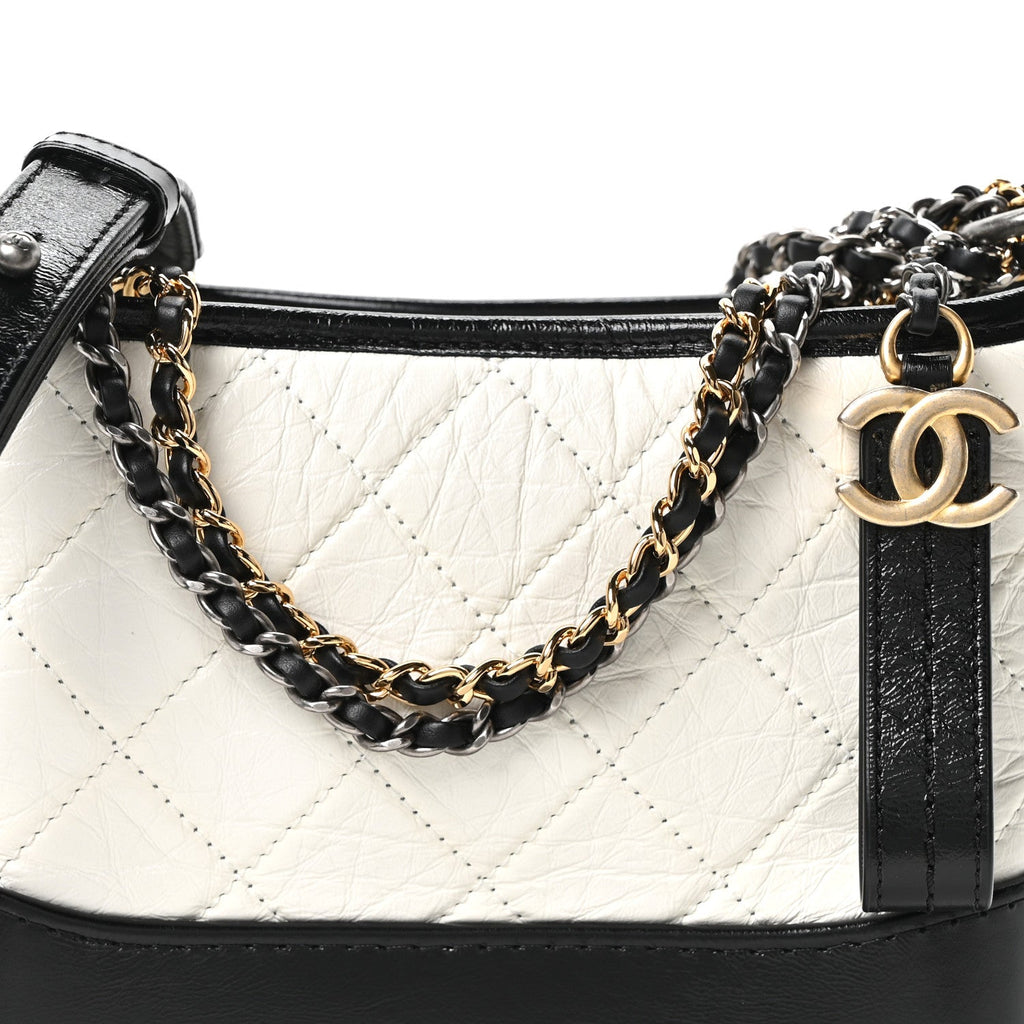 Aged Calfskin Quilted Small Gabrielle Hobo Black White