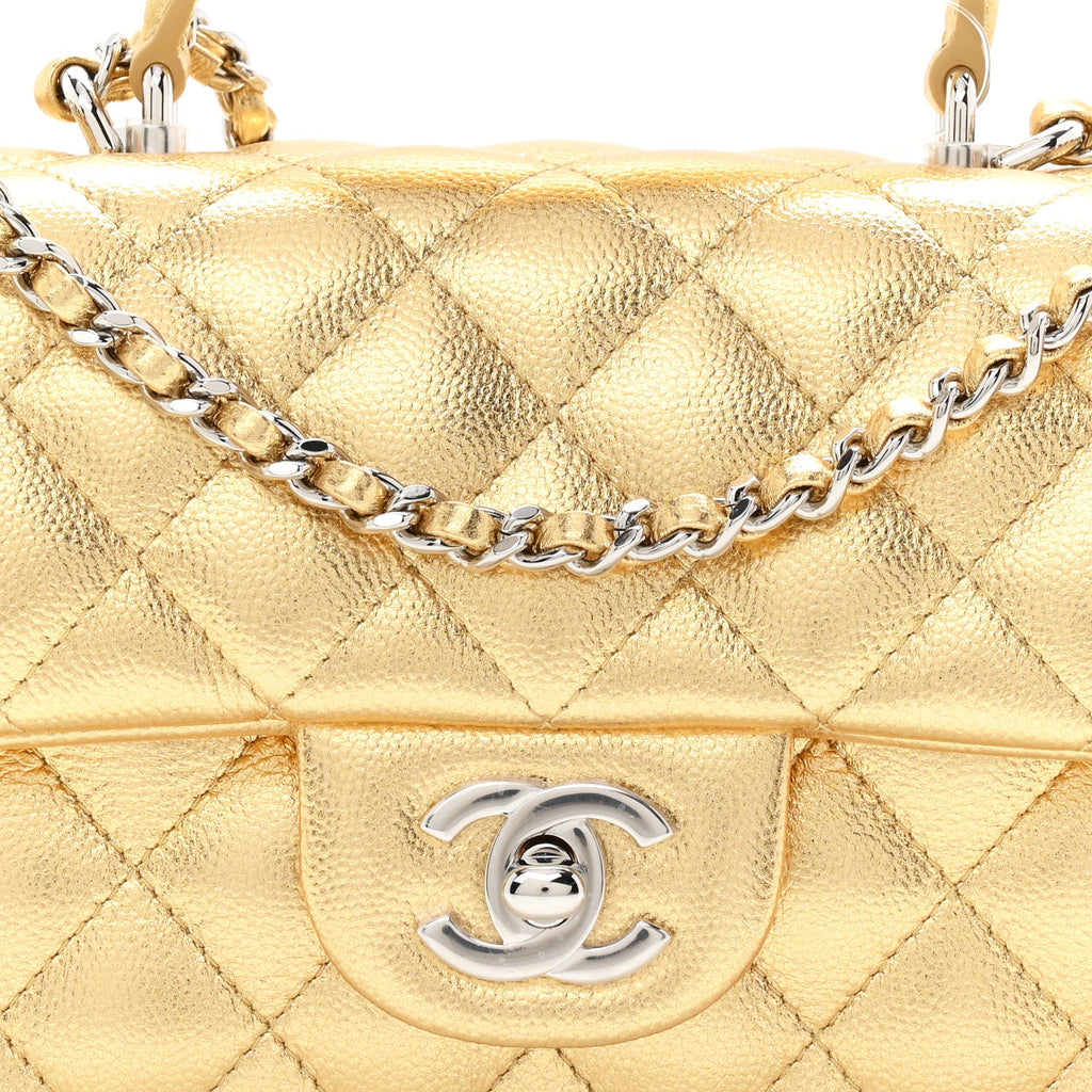 Metallic Caviar Quilted Top Handle East West Flap Gold