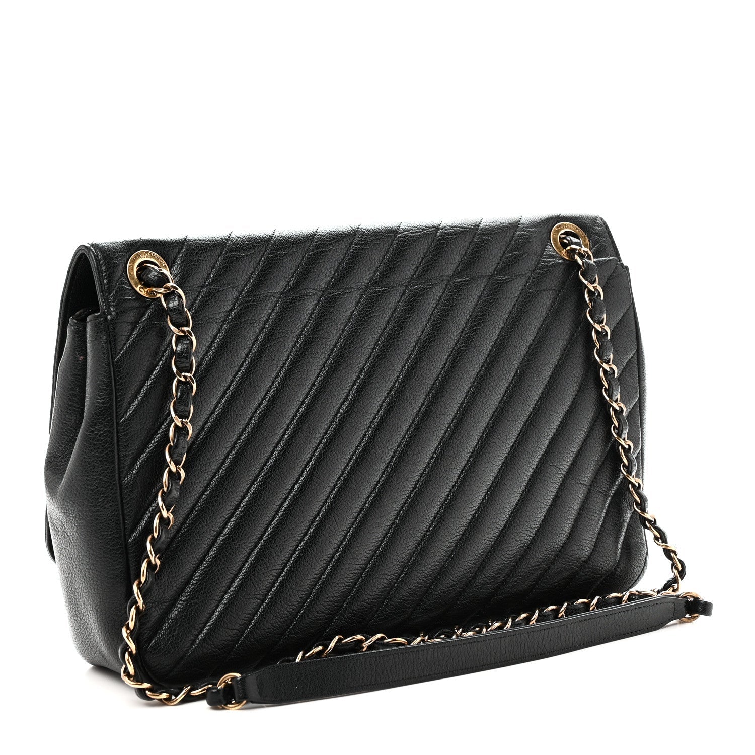 Shiny Goatskin Diagonal Quilted Large Flap Black