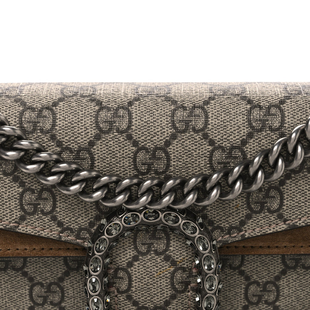 GG Supreme Monogram Suede Crystal Small Dionysus Shoulder Bag Beige Ebony Taupe