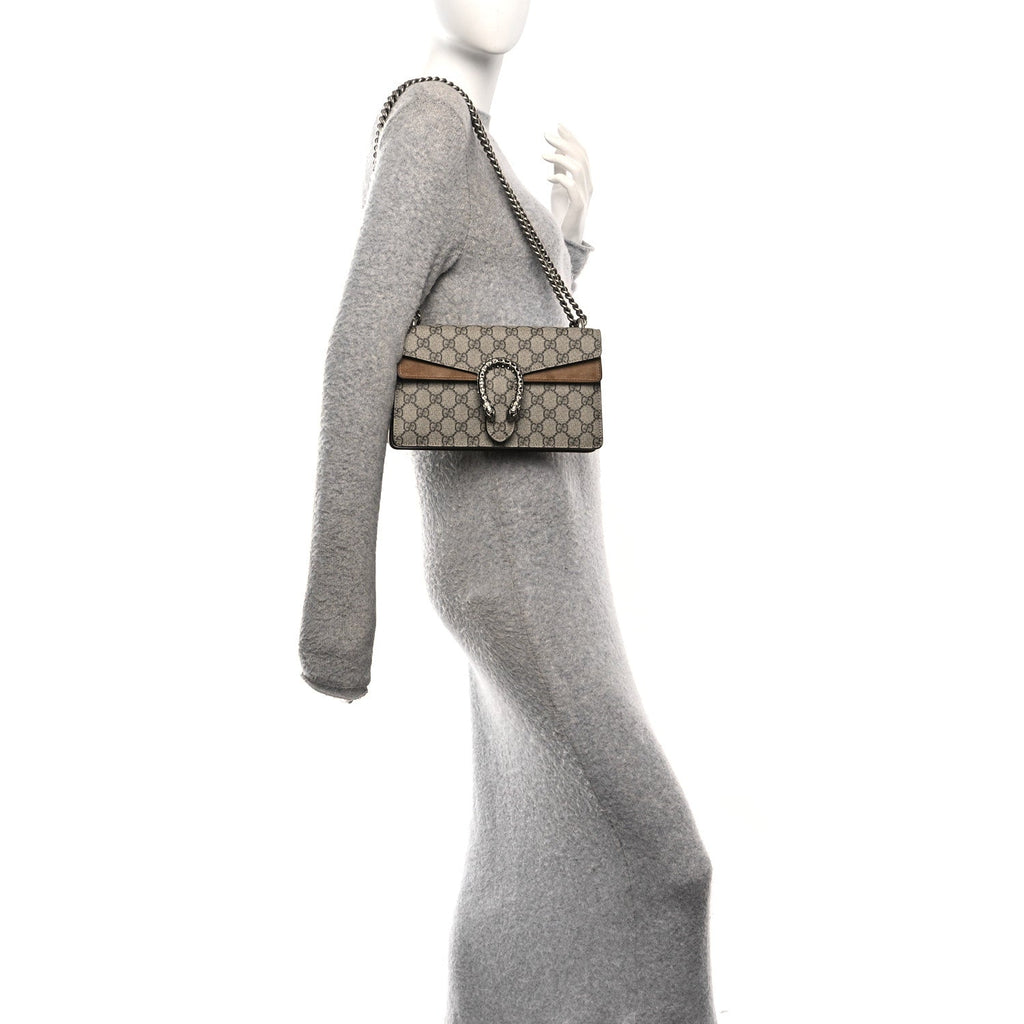 GG Supreme Monogram Suede Crystal Small Dionysus Shoulder Bag Beige Ebony Taupe