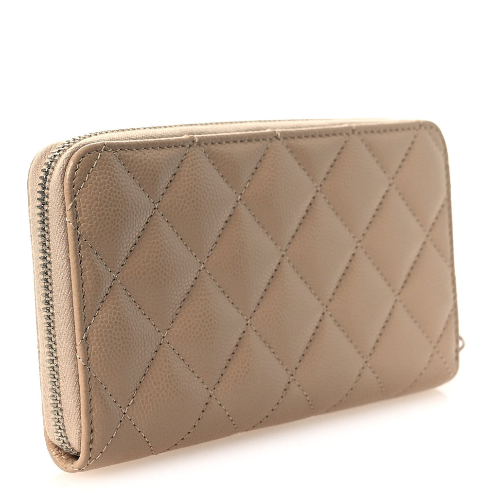 Caviar Quilted Medium Zip Around Wallet Beige
