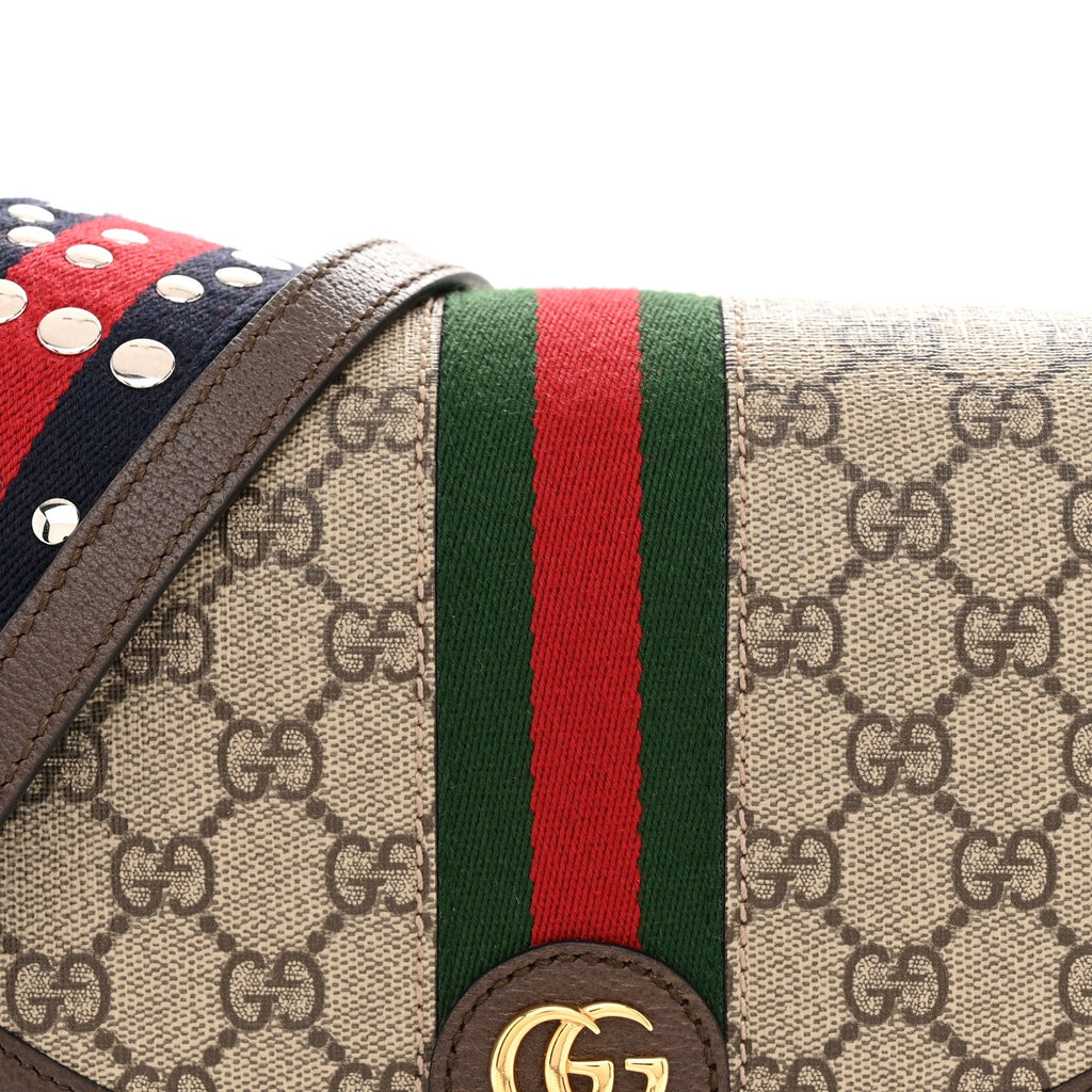 GG Supreme Monogram Textured Dollar Calfskin Web Studded Mini Ophidia Flap Shoulder Bag Beige Ebony New Acero